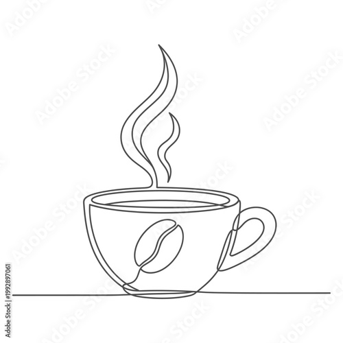 Minimalist line art of a steaming coffee cup with a coffee bean icon.
