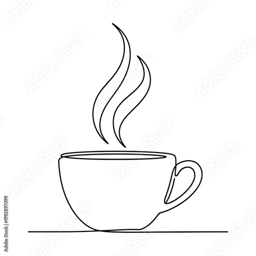 Minimalist line art of a steaming coffee cup, hot beverage, simple elegant design