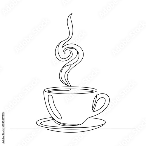 Minimalist one line drawing of steaming coffee cup on saucer, modern art