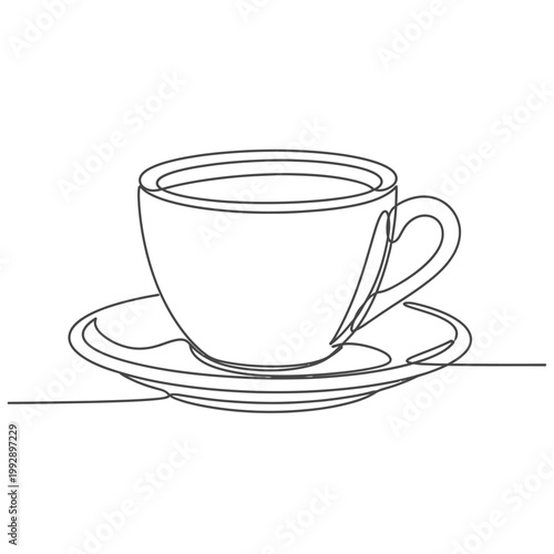 Minimalist single line drawing of a coffee cup and saucer, elegant simple beverage illustration