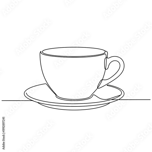 Minimalist single line drawing of a coffee cup and saucer, simple, clean, modern, elegant, isolated on white.