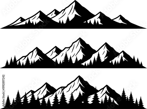 Set of three black and white mountain range silhouettes with pine forest landscapes for outdoor adventure designs