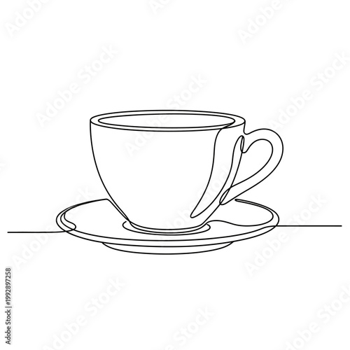 Minimalist single line drawing of a coffee cup and saucer on a white background