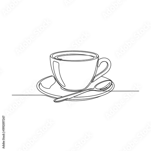 Minimalist single line drawing of a coffee cup with saucer and spoon on white background