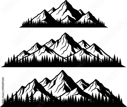 Set of three black and white mountain range vector illustrations with pine forest silhouettes for outdoor branding