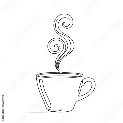 Continuous Line Drawing of a Steaming Coffee Cup with Swirling Steam