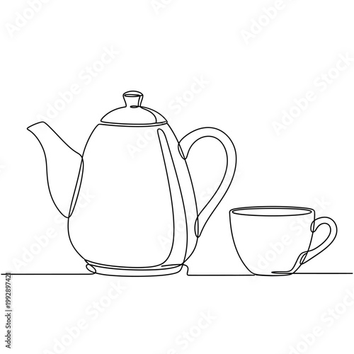 Minimalist continuous line drawing of a teapot and cup on a white background.