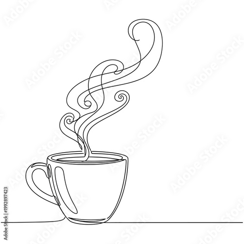 Continuous line drawing of a steaming coffee cup, elegant smoke swirls, minimalist art