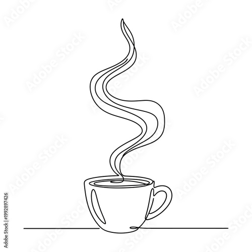 Minimalist continuous line drawing of steaming coffee cup on white background