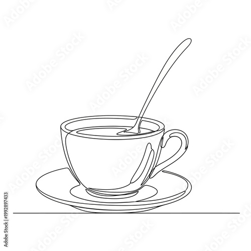 Continuous Line Drawing of a Coffee Cup with Spoon on Saucer, Minimalist Design
