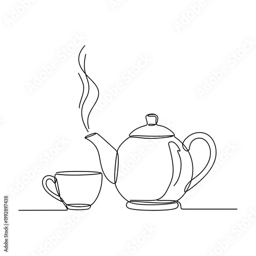 Minimalist Continuous Line Drawing of Steaming Teapot and Cup