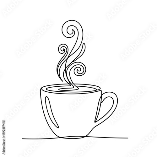 Continuous line drawing of a steaming coffee cup, minimalist, elegant, and modern style.
