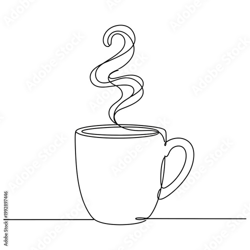 Continuous line drawing of a steaming coffee cup, minimalist illustration, black and white