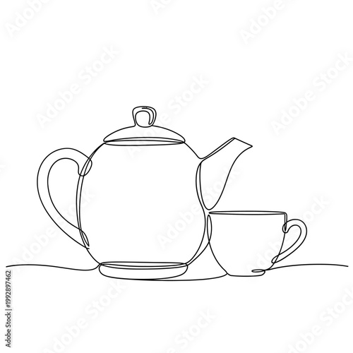 Minimalist Continuous Line Drawing of Teapot and Cup, Simple Beverage Set Icon