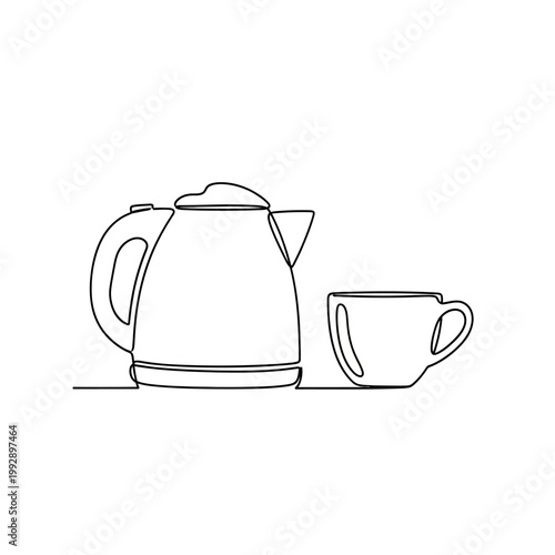 Minimalist Electric Kettle and Cup Line Art, Continuous Line Drawing