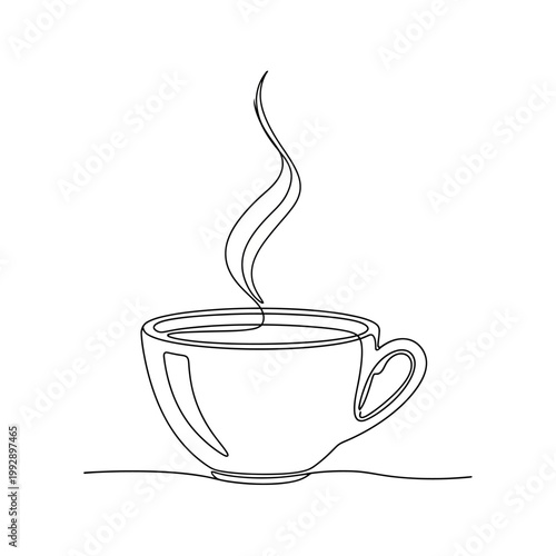 Continuous line drawing of a steaming coffee cup, minimalist style, isolated on white background.