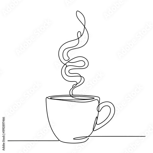 Continuous line drawing of a steaming coffee cup, modern minimalist art
