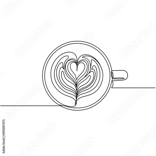 Minimalist Heart Latte Art One Line Drawing Coffee Cup Top View
