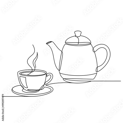Continuous line drawing of a steaming cup of coffee next to a teapot on a white background.