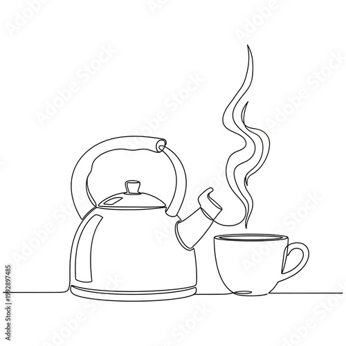 Continuous Line Drawing of a Steaming Kettle and Cup, Minimalist Hot Beverage Concept