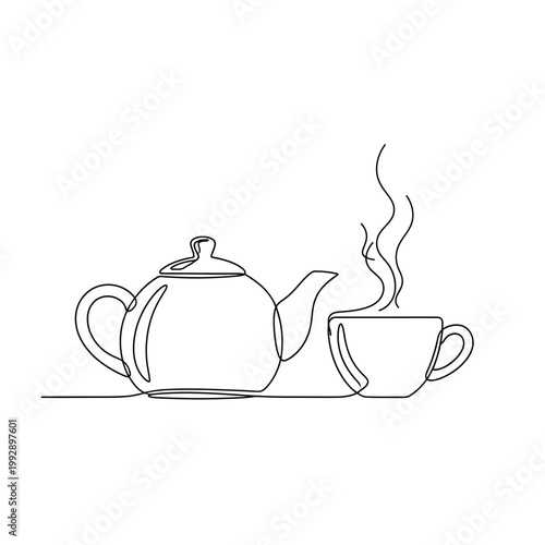 Continuous Line Drawing of Hot Tea Pot and Steaming Cup