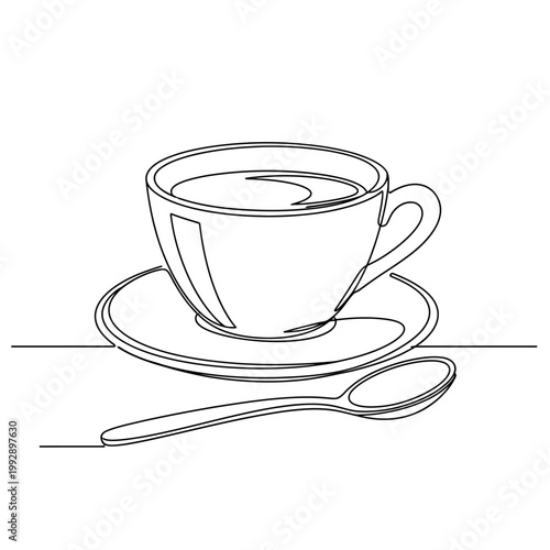 Minimalist Line Art Coffee Cup with Saucer and Spoon on White Background