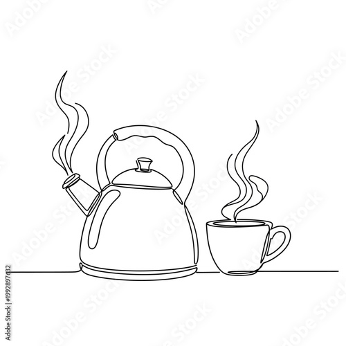 Continuous line drawing of steaming kettle and cup, simple, minimalist, hot beverage concept