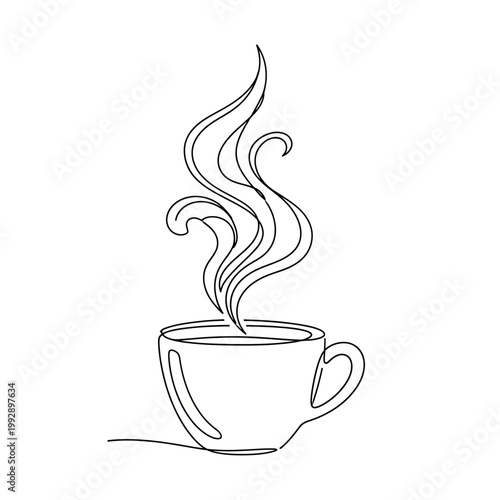 Continuous Line Drawing of Steaming Coffee Cup, Minimalist Art