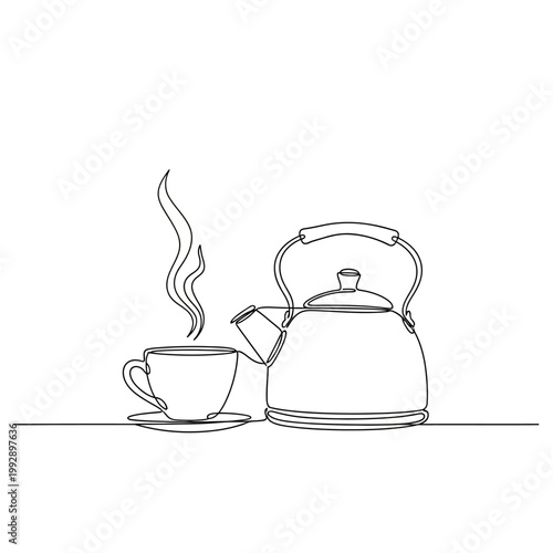 Continuous line drawing of steaming tea cup and kettle on white background.