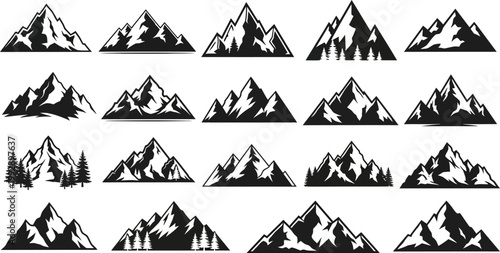 Set of minimalist mountain silhouettes and pine tree forest icons for hiking camping and wilderness travel graphics