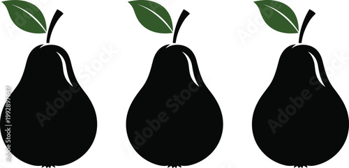 Black and White Pear Icons with Green Leaves Vector Illustration for Healthy Food, Organic Fruit, and Nutrition Designs