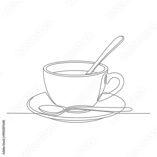 Minimalist Line Art Coffee Cup with Saucer and Two Spoons, One Inside