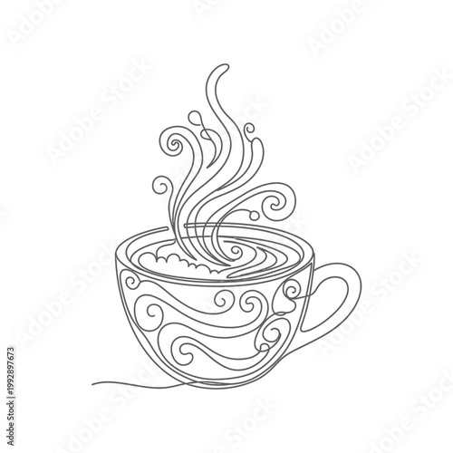 Elegant single line drawing of steaming coffee cup with decorative swirls
