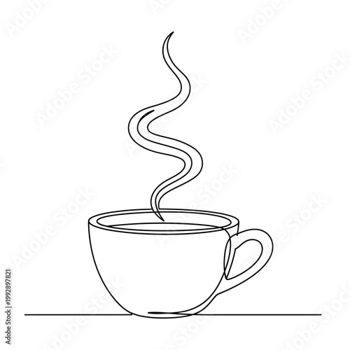 Minimalist single line drawing of a steaming hot coffee cup, isolated on white background.