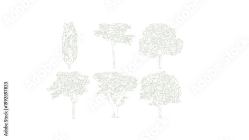 Collection of six different tree silhouettes using thin green lines for architectural plans.