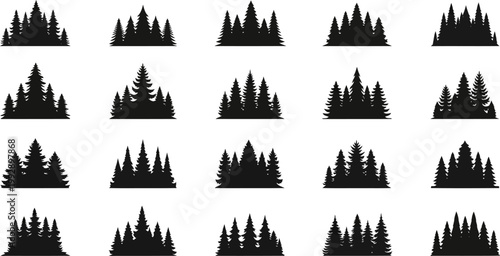 Collection of twenty black pine forest silhouettes and conifer tree clusters for nature landscape graphic design projects