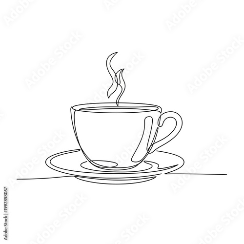 Single Line Drawing Coffee Cup with Steam on Saucer, Minimalist Black and White