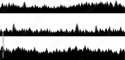 Black silhouette forest treeline vector set featuring coniferous pine and fir trees for landscape design elements