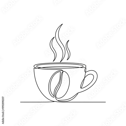 Single line drawing of a steaming coffee cup with coffee bean motif
