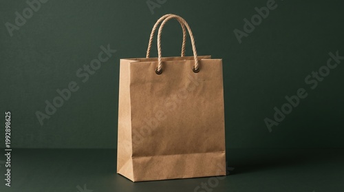 Brown paper shopping bag with rope handles stands upright on a dark grey background in studio lighting