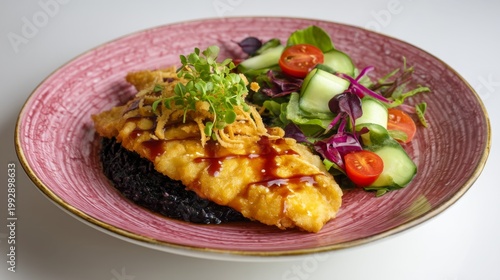 Deliciously plated fried fish with a vibrant salad of fresh vegetables resting on a decorative tableware background appealing to food lovers and chefs. Generative AI