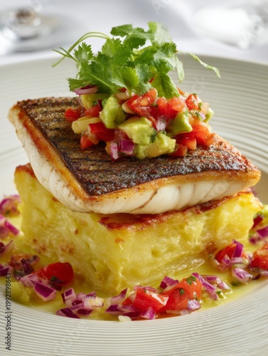 Deliciously plated grilled fish topped with fresh salsa and avocado over a savory cake for gourmet dining experience. Generative AI