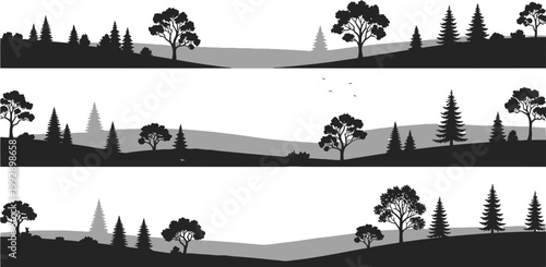 Set of three horizontal monochrome vector banners featuring minimalist forest silhouettes with layered hills and trees