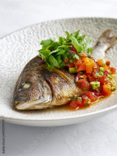 Deliciously cooked whole fish served on a textured plate with a vibrant salsa of fresh vegetables and herbs enhances any dining experience. Generative AI