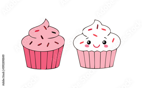 Cute Kawaii Cupcake Cartoon Vector Illustration with Pink Frosting and Sprinkles, Sweet Dessert Clipart Set