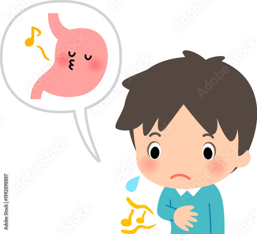 空腹でお腹が鳴る男性と口笛を吹く胃のキャラクター