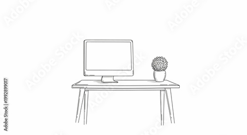 Minimalist Desk Setup: Computer Monitor and Potted Plant, Clean Workspace Sketch