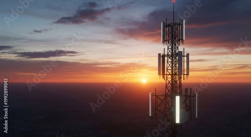 Tower silhouette at sunset, sending signals across a colorful sky