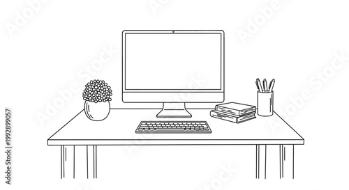 Minimalist desk setup with computer, keyboard, books, and plant illustration