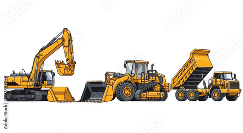 Heavy machinery vehicles including excavator, bulldozer, and dump truck working together outdoors on a construction site.